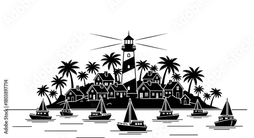 Black and white tropical island with lighthouse and boats sailing ocean