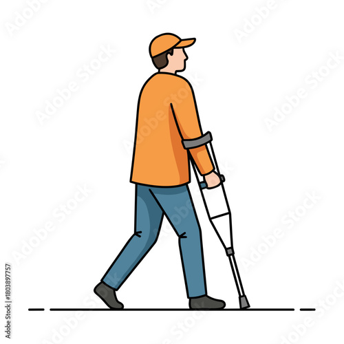 Man walking with forearm crutch after leg injury, rehabilitation and recovery concept