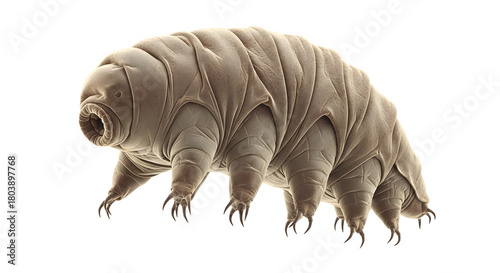 Microscopic tardigrade water bear with eight legs and claws on black background
