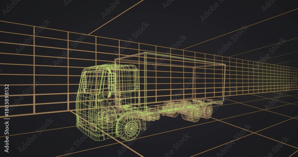 Fototapeta premium Displaying wireframe box truck occupying 3D studio, with neon green lines and orange grid