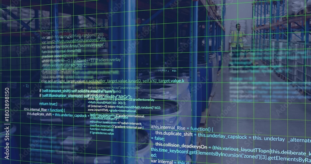 Fototapeta premium Moving worker wearing hivis vest checking racks in depot aisle with green code overlay, copy space