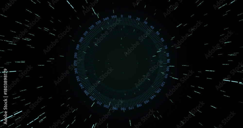 Fototapeta premium Displaying central HUD with concentric rings and degree ticks in virtual space, with motion streaks