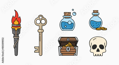 Fantasy adventure game elements set torch key potion chest skull vector illustration flat design treasure pirate icon collection game asset