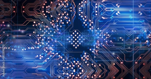 Glowing hexagonal chip motif radiating copper traces on deep blue board, showing glowing nodes