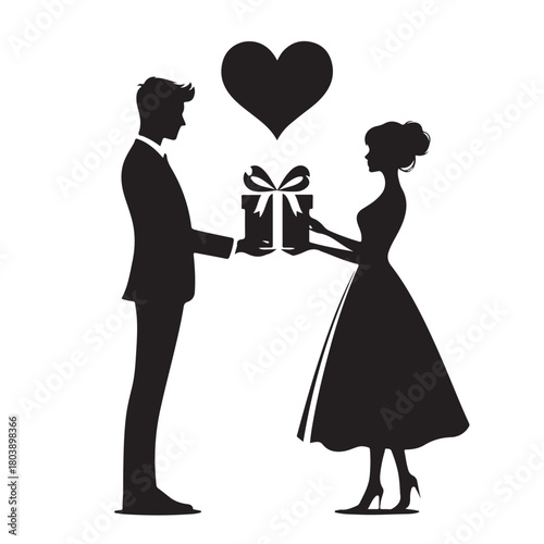 Couple exchanging a gift silhouette