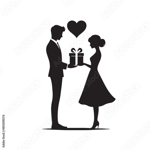 Couple exchanging a gift silhouette
