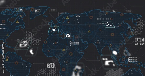 Displaying world map on operations dashboard, marking airplane, lightning, recycle, fan icons