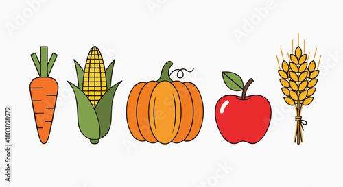 Colorful autumn harvest farm produce flat design collection vector illustration cartoon fresh food healthy organic agriculture icon set