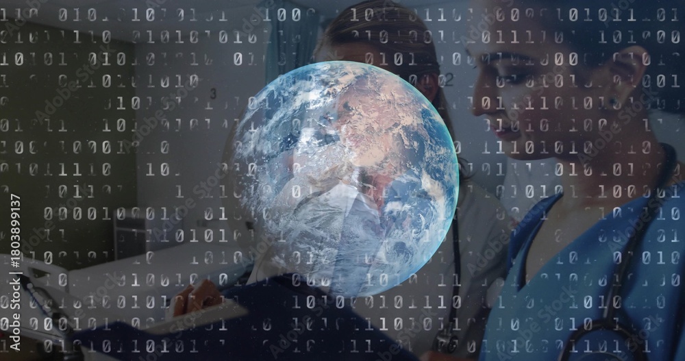 Obraz premium Showing Earth globe over hospital bed, staff in scrubs and coat holding stethoscope, binary overlay