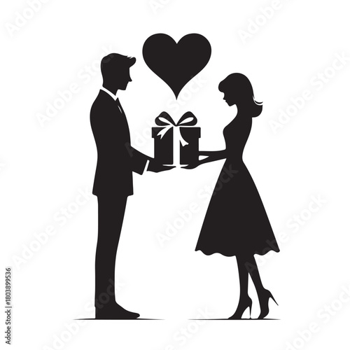 Couple exchanging a gift silhouette