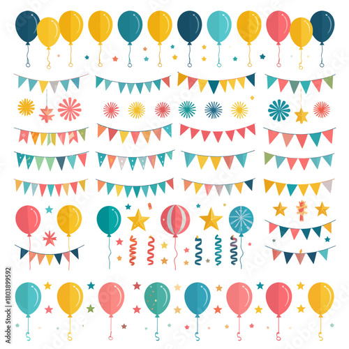 Vibrant collection of party decorations including balloons, banners, and festive elements on a white background.