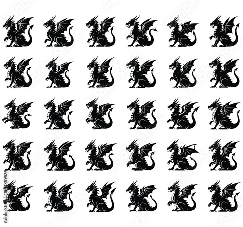 A Grid of Black Dragon Silhouettes