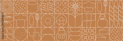 Bread and pastries background. Abstract bakery menu background with line drawing. Geometric pattern bread, croissant, donut. Bakery line pattern.