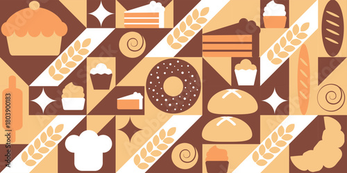 Bread and pastries background. Abstract bakery menu background with line drawing. Geometric pattern bread, croissant, donut. Bakery line pattern.