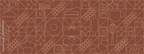 Bread and pastries background. Abstract bakery menu background with line drawing. Geometric pattern bread, croissant, donut. Bakery line pattern.