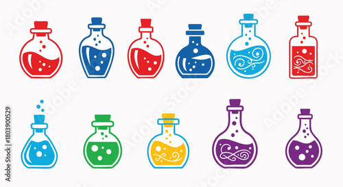 Colorful magic potion bottles set vector illustration flat design alchemy elixir fantasy game spell science liquid chemistry graphic icon logo element