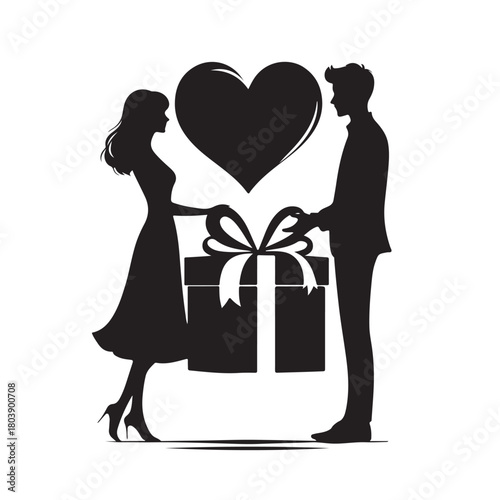 Couple exchanging a gift silhouette