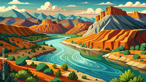 Very beautiful view of the Rio Grande flowing gracefully northward through the scenic natural landscapes near Taos in northern New Mexico, showcasing calm water, desert terrain, and expansive open spa