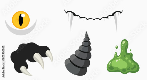 Spooky monster creature parts Halloween graphic elements vector illustration flat design eye fangs claw horn slime horror creepy scary