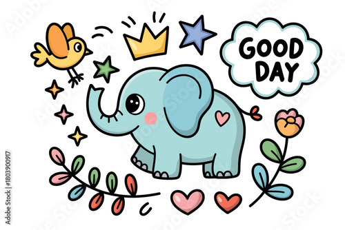 Adorable blue elephant surrounded by stars hearts a bird crown flower and a cloud saying good day cartoon