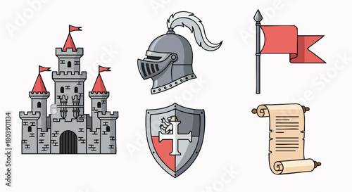 Medieval kingdom fantasy items vector flat design illustration collection Castle Knight Helmet Shield Flag Scroll Element History Royal Icon