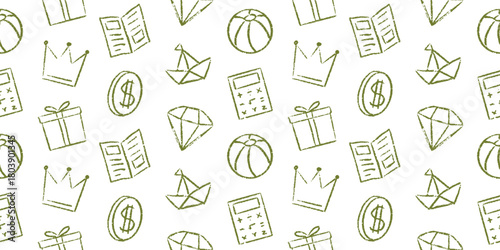 Hand-drawn doodle seamless pattern: crown, calculator, gift, diamond, coin, book, paper boat, and beach ball. Sketchy line art background for finance, childhood, success, education, and leisure