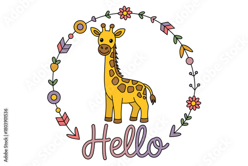 Cute giraffe illustration with a floral and arrow wreath and the word hello for children's decor and greeting cards