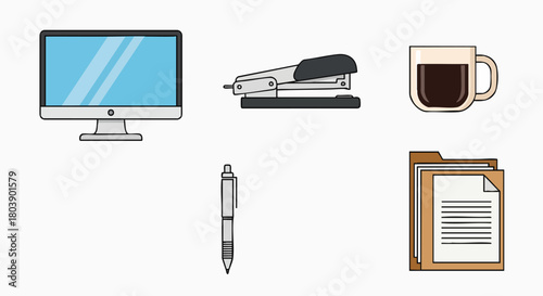 Workplace desk essentials flat modern design vector illustration computer monitor stapler coffee pen documents folder business productivity supplies isolated