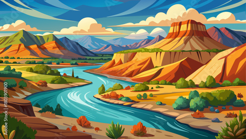 Very beautiful view of the Rio Grande flowing gracefully northward through the scenic natural landscapes near Taos in northern New Mexico, showcasing calm water, desert terrain, and expansive open spa