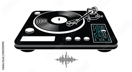 Creative record player illustration with sound wave effect and circuit