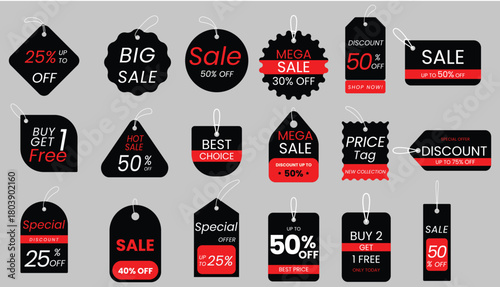 Collection of sale tags with different discounts and promotional offers on a gray background vector