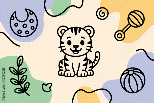 Cute cartoon tiger illustration with baby toys and abstract shapes on a soft pastel background for nursery decor