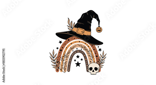 An artistic Halloween design showcasing a witch hat adorned with a pumpkin, an earthy rainbow, delicate leaves, scattered stars, and a skull.