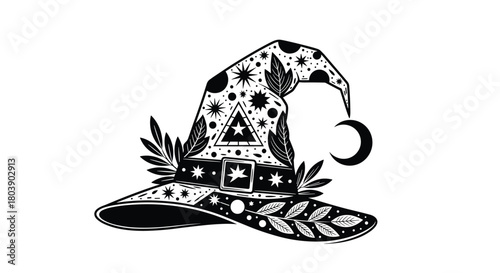 Black and white illustration of a witch's hat adorned with celestial stars, a crescent moon, and botanical leaves, evoking a mystical and magical fantasy.
