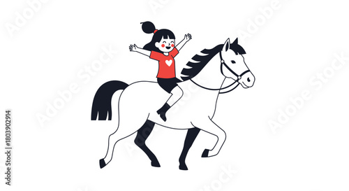 A joyful young girl with a ponytail rides a galloping white horse, celebrating with arms outstretched and a big smile.