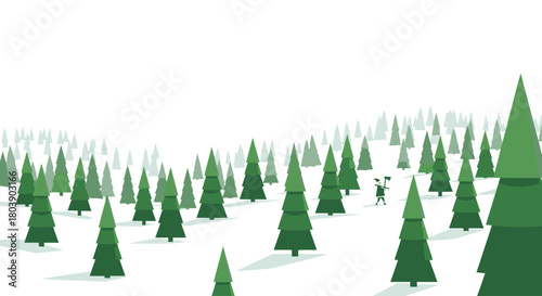 A minimalist illustration of a person walking through a dense, snow-covered pine forest on a white background.