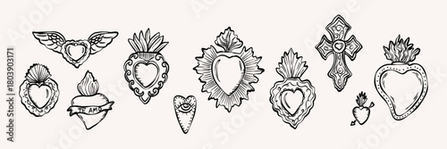 Collection of hand drawn sacred hearts. Whimsical and mystical drawing