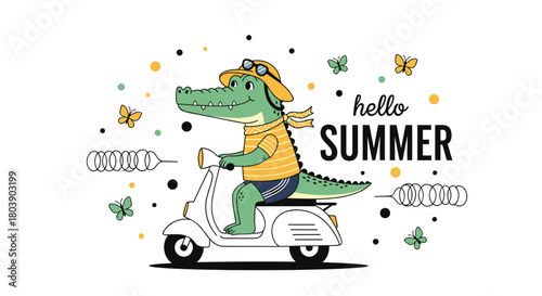 A cheerful cartoon crocodile wearing a summer hat and sunglasses, riding a white scooter with \.