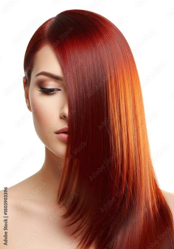 Naklejka premium Beautiful woman with long, voluminous red hair blowing across her face. Shiny, healthy hairstyle. Perfect for hair care products, shampoo ads, and salon branding.
