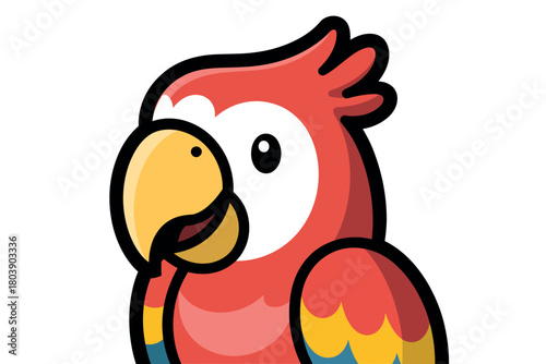 Cartoon parrot with red feathers and a yellow beak looking to the side against a white clean background design element