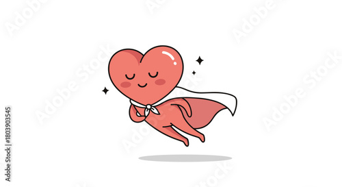 An endearing red heart character, animated with arms and legs, gracefully glides while sporting a superhero cape, emanating happiness and light.
