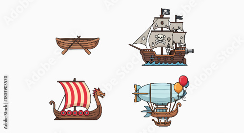 Pixel art vintage transport collection airship pirate viking boat flat design vector illustration game asset retro