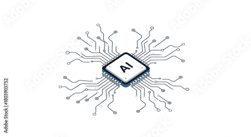 A stylized AI microchip at the core of a radiating circuit network, illustrating artificial intelligence, machine learning, and advanced computing technology.