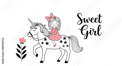 Cute cartoon girl with a pink bow and polka dot dress riding a white unicorn decorated with black stars, next to a pink flower and 'Sweet Girl' text.
