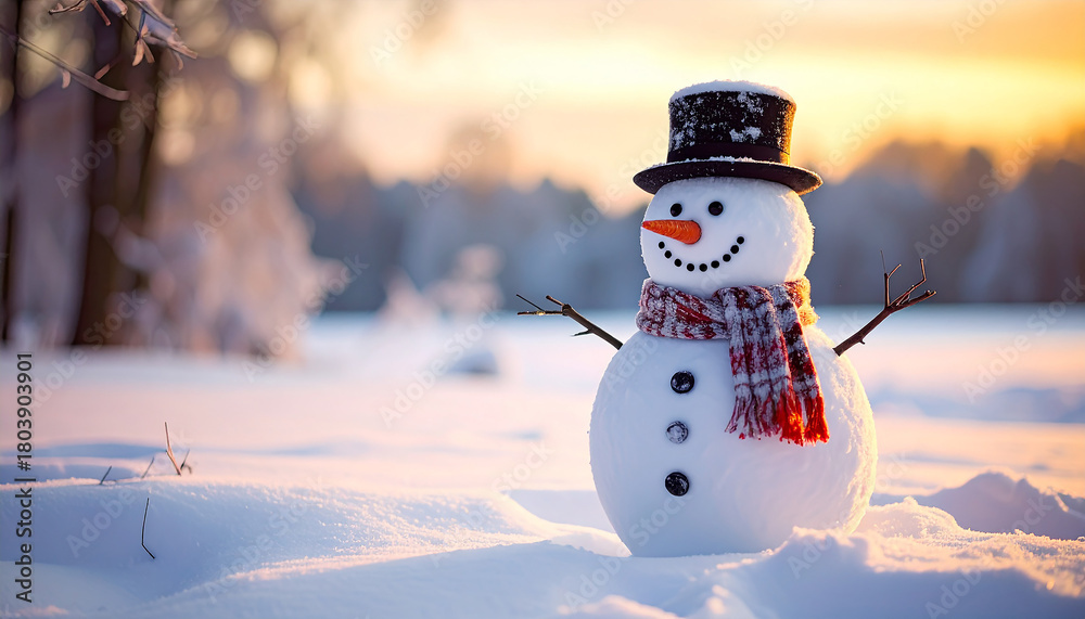 Obraz premium Snowman in a winter wonderland at sunset, a festive scene.