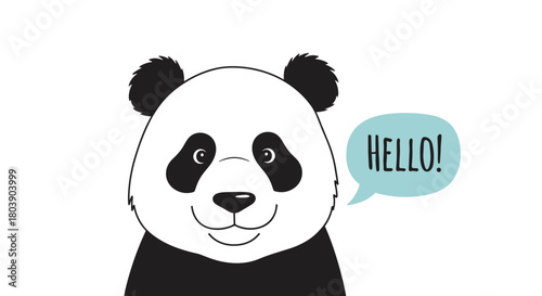 A friendly cartoon panda character greets with a hello message in a speech bubble, depicted with a warm smile on a white background.