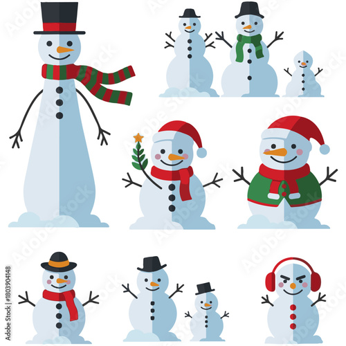 Various Cheerful Snowman Characters in Winter Attire, including Top Hat, Scarf, Santa Cap, Earmuffs, and Vest, Perfect for Christmas, Winter Holiday, and Seasonal Decoration