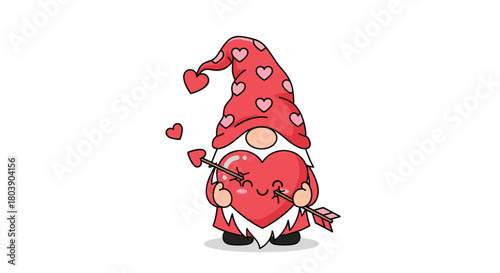 A cute Valentine's Day gnome wearing a red hat adorned with pink hearts holds a large red heart pierced by a cupid's arrow, symbolizing love.