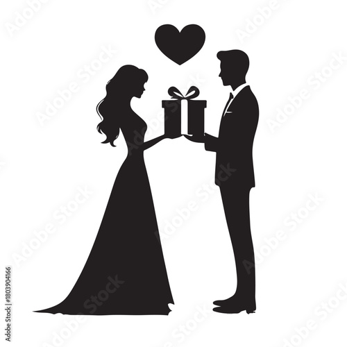 Couple exchanging a gift silhouette