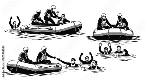 Rafting safety illustration showing rescue and teamwork in river scenes